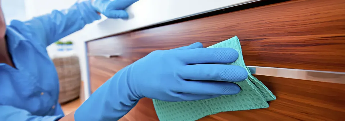 Cleaner wearing blue gloves wiping a wooden cabinet drawer with a microfiber cloth for dust and grime removal, Boulder, CO.